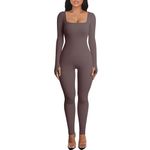 OEAK Womens Yoga Jumpsuit with Tummy Control Long Sleeve Unitard Casual Ribbed Rompers High Waisted One Piece Workout Bodycon Tawny XL