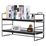 PowerKing Wood Office Desk Shelf Organizer - 2 Tier Space-Saving Desktop Supplies Storage Solution for Workspace Office Home (Black Shelf & Brown Wooden)