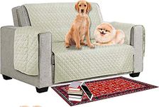 Reversible Quilted Sofa Cover Pet Dog Kids Barrier- Slipcover Furniture Protector Washable Couch Covers with Elastic Straps Anti-Slip Wrinkle Resistant (2 Seater, Beige - Greenish)