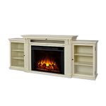 Real Flame Tracey 84" Grand Electric Fireplace TV Stand for TVs up to 80 inches, Entertainment Center with Adjustable Shelves and Storage, TV Stand for Living Room and Bedroom, Distressed White