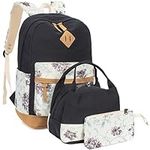 Leaper Floral Canvas School Backpack for Kids Girls Daypack Bookbag Lunch Bag Purse 3 in 1 Black