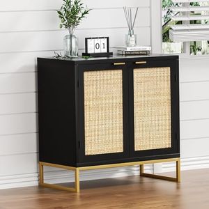 Anmytek Storage Cabinet with 2 Doors for Kitchen, Rattan Sideboard Cabinet Modern Buffet Sideboard Withe Shelf Black, Black Accent Cabinet