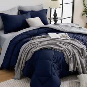HEVUMYI 7-Piece California King Comforter Set, Navy Blue & Grey
