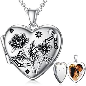 SOULMEET Birth Flowers Cosmos Chrysanthemum Scorpio Locket Necklace That Holds Picture Personalized Silver Months October-November Constellation Photo Heart Locket Gift Horoscope (Custom photo)