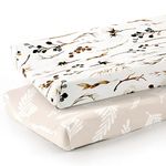 GRSSDER Stretch Ultra Soft Jersey Knit Changing Pad Cover Set 2 Pack, Change Table Pad Covers Fit 32"/34" x 16" Pads Safe and Snug, Stylish Pretty Flora for Baby, Beige