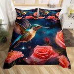 Erosebridal Wild Hummingbird Comforter Cover Chic Rose Floral Bed Set, Psychedelic Galaxy Stars Queen Duvet Cover Bird Animal Bedding Set, Pink Flower Blossoms Bedspread Cover Animal Theme Decor