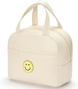 WALONER Lunch Bag for Women Large Insulated Lunch Box Reusable Lunch Tote Bag with Smiley Preppy Lunch Bag,Soft Leather Lunchbag for Work School Picnic Travel (White)