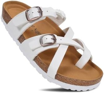AEROTHOTIC Womens Strappy Slip-On Modern Memory Foam Cushion Footbed Outdoor Adjustable Buckle Cork Footbed Slides for Sandals with Comfortable Arch Support (Irenic White, size 7)