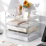 Noger Clear Stackable Paper Trays 4 Pack, Desktop Racks with 4 File Bags, PET Clear Desk Letter Tray Set, Stackable Desk Organizer for Books, Magazines, Folders, A4 Size File Paper, Notes, Pens