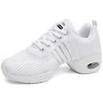 Women's Jazz Shoes Lace-up Sneakers - Breathable Air Cushion Lady Split Sole Dance Zumba Walking Shoes Platform White,8