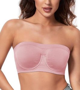 HACI Women's Non Padded Strapless Bra Underwire Bandeau Seamless Multiway Supportive Tube Top(Pink,Large)