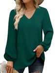 CHICZONE Women Shirt V Neck Blouses Ladies Long Sleeve Fall Winter Solid Work Loose Trendy Cute Pullover Tops Balloon Sleeves Flowy Tops Blackish Green Medium