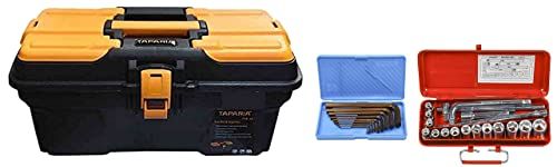 Taparia PTB13 Compact Plastic Tool Box with Organizer (Orange and Black) & KM9V Allen Key Set (Black) & S23M/S23H 1/2-Inch Square Drive Socket Set