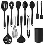 Herogo Kitchen Utensils Set of 12, Silicone Cooking Utensils Set with Holder for Baking, Cooking, Non Stick & Heat Resistant Cookware Include Spatula Whisk Spoon Turner Tongs, Dishwasher Safe (Black)