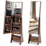 COSTWAY Jewelry Cabinet, LED Lights Floor Standing Jewelry Armoire with Full Length & Makeup Mirror, Drawer, Adjustable Vanity Jewellery Organiser Storage for Bedroom Dressing Room (Industrial Brown)