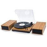 LP&No.1 Wireless Vinyl Record Player with External Speakers, 3-Speed Belt-Drive Turntable for Vinyl Albums with Auto Off and Wireless Input, Yellow Wood