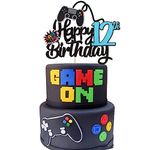 ZHUOWEISM 1 PCS Video Game Happy 12th Birthday Cake Topper Glitter Video Game Cake Pick Game On Controllers Twelve Cheers to 12 Years Cake Decoration for Happy 12th Birthday Party Supplies Blue