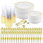 350 Piece Gold Dinnerware Party Set - 50 Guest - Disposable Gold Dinnerware Set - 100 Gold Rim Plastic Plates - 50 Pre-Rolled Linen Feel Napkins with Spoons, Forks, Knives - 50 Gold 10 OZ Plastic Cups