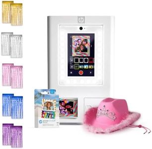 HP Sprocket Photo Booth Machine Instant Color Photo Printer (White) + Zink Paper (100 Sheets) + Pink Cowboy Hat with Tiara + Silver, Pink, Blue, Gold, Purple Foil Curtain Backdrop (x2)