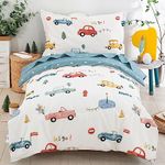 WONGS BEDDING Cars Toddler Bedding Set 4 Pieces Blue Cotton Comforter Set Kids Crib Bed Set Include Flat Sheet Fitted Sheet and Pillowcase for Boys and Girls