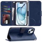 Arae Faux Leather Compatible With Iphone 15 Case With Card Holder and Wrist Strap Wallet Flip Cover for Iphone 15 6.1 Inch-blue