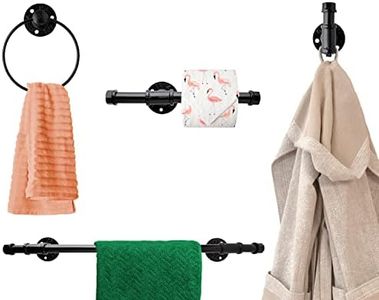 Industrial Pipe Décor Set for Bathroom – 4 Piece Bathroom Fixture Set: 1 Paper Holder, 1 Robe Hook, 1 Towel Ring & 1 Towel Bar in Matte Black – Farmhouse Bath Accessories/w Screws & Anchors - Square