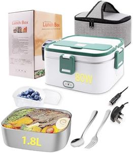 Homtibrm Electric Lunch Box 80W 3 in 1 Heated Lunch Box with 1.8L 304 SS Container/Insulated Bag/Large Cutlery Set,12V 24V 220V Food Warmer for Car Truck Office School and Home Use White (White, 80W)