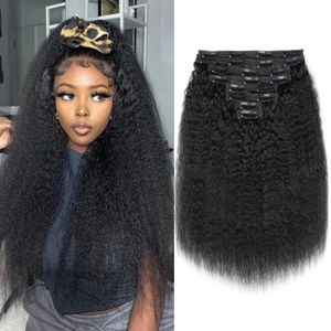 YDDM Kinky Straight Extensiones de Clip de Pelo Natural 20 Inch 120g 8Piezas 20 Clips Extensiones de Clip Natural Remy Cabello Humano Extensiones
