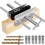 Kolvoii Self Centering Doweling Jig, Wide Capacity Dowel Jig for Straight Holes, Adjustable Width Woodworking Locator Joints Set with 3 Size High Speed Steel Drill Bits, 6 Bushings(Silver)