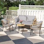 DWVO 4 Pieces Patio Furniture Set, Outdoor Wicker Bistro Set, All-Weather Rattan Conversation Set with Loveseat Chairs Table Soft Cushions for Backyard, Pool, Deck, Garden (Grey)