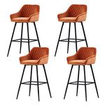 AINPECCA Set of 4 Velvet Barstools Fabric Upholstered seat with Backrest & Armrest Black Metal Legs Kitchen Breakfast Counter Chairs (Orange velvet, 4 pcs)