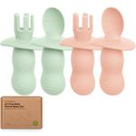 KeaBabies 4-Pack Silicone Baby Spoons and Forks Set - Baby Spoon Self Feeding, BLW Baby Utensils 6-12 Months, Baby Led Weaning Feeding Spoon,Teething Infant Baby First Food Training Pre Spoon (Mellow)