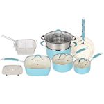 Gr8 Home 14 Piece Induction Cookware Set Non Stick Cooking Pot Frying Pan Steamer Saucepan Kitchenware with Lids (Blue and White)