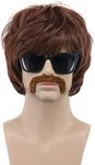 VGbeaty 60s 70s 80s Mens Disco Wig Brown Short Rocker Singer Star Wig with Mustache Sonny Bono Hippie Halloween Cosplay Party Wig