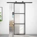 BARNSMITH 30in x 84in Frosted Glass Barn Door with 5FT Top Mounted Hardware kit Include Soft Close Mechanism Black Carbon Steel Tempered Frosted Glass Sliding Door,Assemble Required Easy Installation