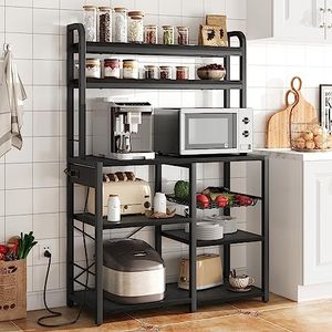 IDEALHOUSE Bakers Rack with Power Outlet, Coffee Bar with Wire Drawer, Industrial Microwave Stand, Kitchen Buffet Table with Large Storage, 6-Tier Kitchen Storage Rack with Hutch, Rustic Black