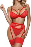 popiv Women's Sexy Lingerie Set with Garter Belt Matching Bra and Panty Lingeries Sets 4 Piece Red