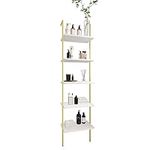 Wolawu Ladder Shelf 5 Tiers Metal Industrial Bookshelf,White Faux Marble Wood Tall Open Storage Rack and Display Shelves,Wall Mount Wide Book Case for Home Office Bedroom,Small