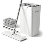 JOYMOOP Mop and Bucket with Wringer Set for Home, White Flat Squeeze Mop Bucket Set for Floor Cleaning, Hands Free Wet Dry Mop for Walls, 60" Mop with 6 Reusbale Microfiber Pads