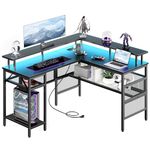 Yornoli L Shaped Gaming Desk with Led Lights＆Power Outlet, 140cm Corner Gaming Desk for Home Office Computer Desk with Monitor Stand & Storage Shelves, Black