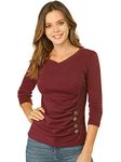 Allegra K Women's V Neck Blouse 3/4 Sleeves Solid Knitted Buttons Decor Ruched Top Burgundy 16