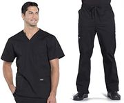 Cherokee Scrub Set for Men from, 4 Pocket V-Neck Scrub Top WW695 with 5 Pocket Tapered Leg Fly Front Cargo Pant WW190, Black- L Top/L Pant