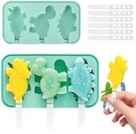 3 Cell Ice Cream Moulds,Dinosaur Ice Cream Mold,Children's DIY Creative Ice Mould,Silicone Popsicle Molds,Reusable Ice Lolly Moulds Silicone with Non-Spill Lid, Popsicle Moulds for Children (Green)