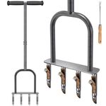 Dolibest Lawn Core Aerator, Hollow Tine Grass Aerating Tool Long Handle Manual Garden Soil Plugger 4 Prong Heavy Duty Coring Aeration Spike Semi-Open Plug Soft Grip with Clay Release Tool