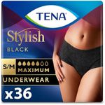 Tena Stylish Black Incontinence Bladder Control Underwear for Women, Maximum Absorbency, Small/Medium, 36 ct (2 Packs of 18)