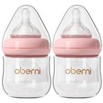 Oberni Glass Baby Bottle for Newborn Nursing Feeding, Wide Neck Anti-Colic with Slow Flow Food Grade Silicone Breast-Like Nipple, 4 Oz/120ml/0-3 Months, Pink/2Pack