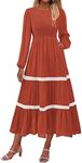 KIRUNDO Womens Fall Dresses 2024 Winter Long Sleeve Wedding Guest Smocked Tiered Lace Trim Boho Flowy Long Dress Pockets(Rust Red, Medium)