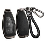 ontto Alloy Car Key fob Cover Fit for Ford Kuga Focus Mk3 Mk4 Mondeo Fiesta Titanium Ecosport Transit MK8 Smart Leather Key case Shell key holder keyring keychain protector accessories Black