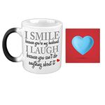 TheYaYaCafe Yaya Cafe Valentine Gifts for Husband Coffee Mug, I Smile I Laugh Funny Teasing Husband Magic Mug Gift Combo Hamper Set of 2 with Mug and Coaster