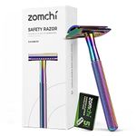 Zomchi Double Edge Safety Razor – Shaving Razor for Women and Men with 5 Blades – Plastic-Free Metal Safety Razor Blades – Superb Rainbow Effect Women Shaver – Reusable and Recyclable